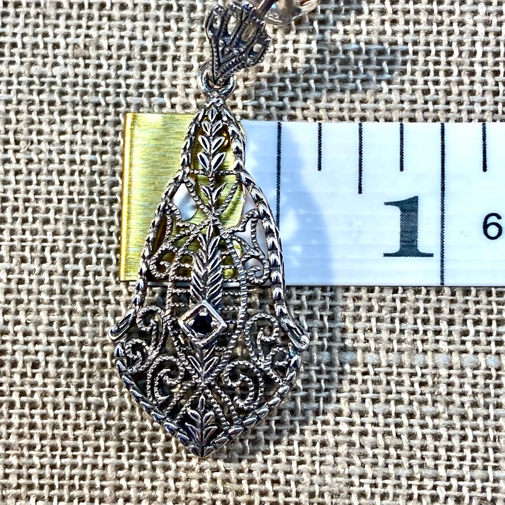 Ornate Vintage Filigree Sterling Silver and Diamond or Sapphire Earrings - Picture 7 of 8